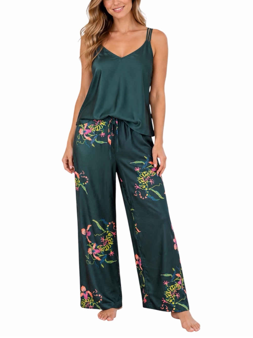 Soma Cool Nights Pajama Set XXL Cami Wide Leg Frog Floral Green Satin Green Pink